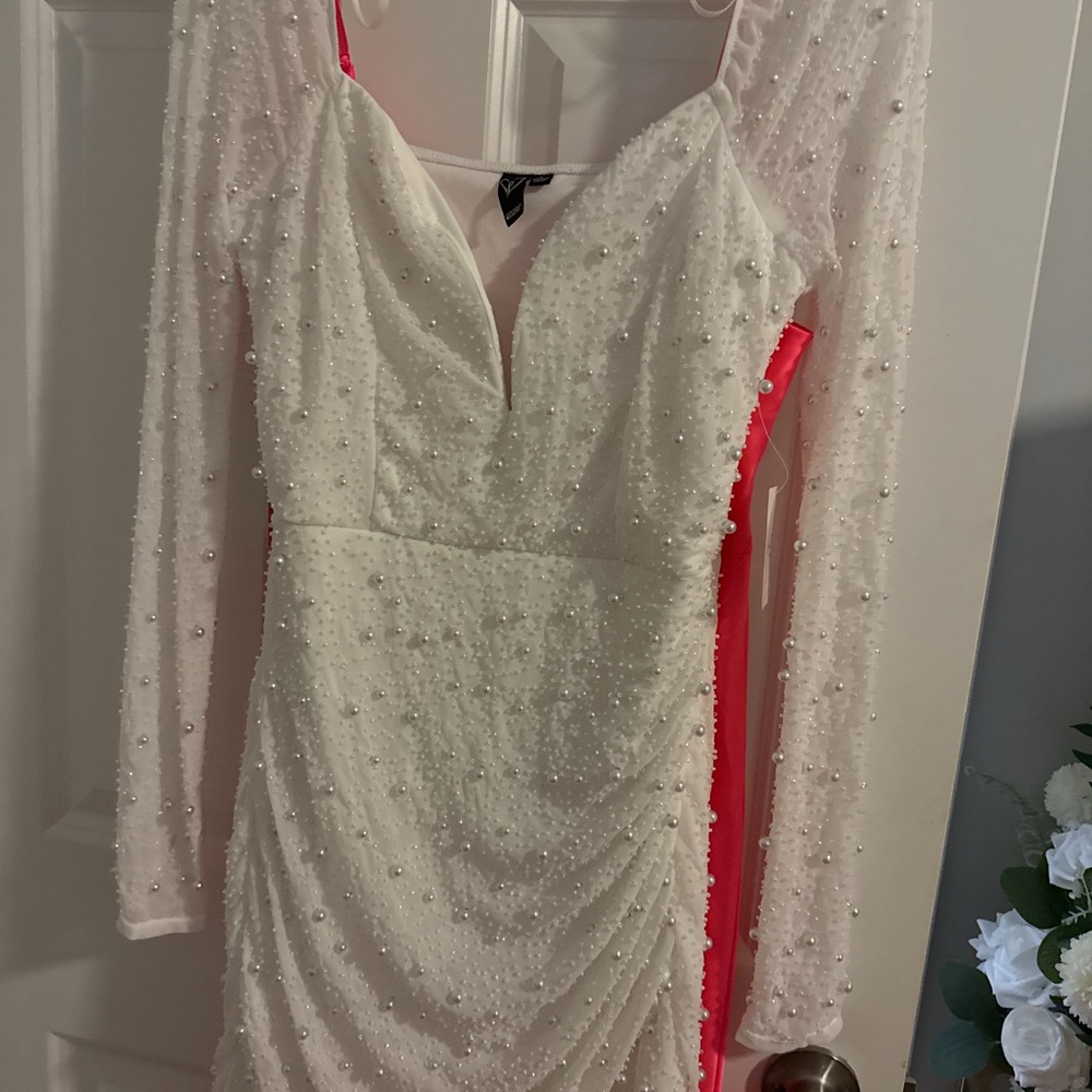 White beaded long sleeve dress!!
